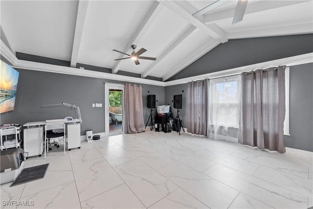 3586 Croton Rd, Naples, FL 34104 - office space featuring lofted ceiling with beams, marble finish floor, baseboards, and a ceiling fan