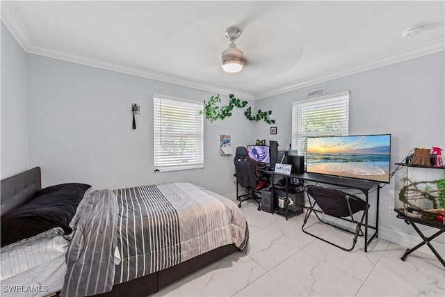3586 Croton Rd, Naples, FL 34104 - bedroom featuring a ceiling fan, marble finish floor, ornamental molding, and multiple windows