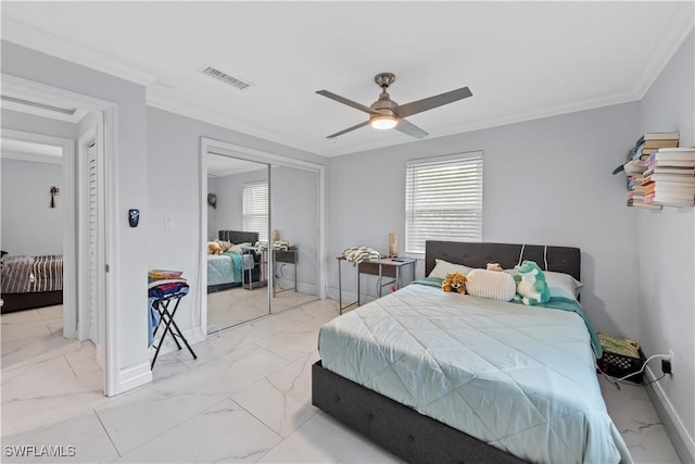 3586 Croton Rd, Naples, FL 34104 - bedroom featuring a closet, crown molding, marble finish floor, baseboards, and visible vents