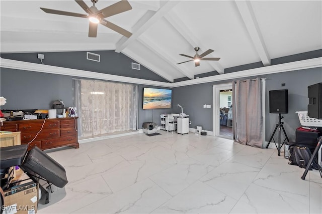 3586 Croton Rd, Naples, FL 34104 - sitting room with marble finish floor, vaulted ceiling with beams, ceiling fan, and baseboards