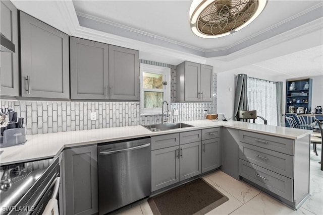 3586 Croton Rd, Naples, FL 34104 - kitchen with a sink, gray cabinets, a peninsula, and dishwasher