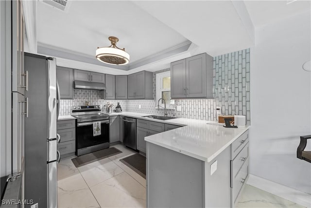 3586 Croton Rd, Naples, FL 34104 - kitchen with marble finish floor, gray cabinets, and stainless steel appliances