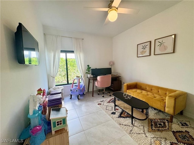 tiled home office with ceiling fan