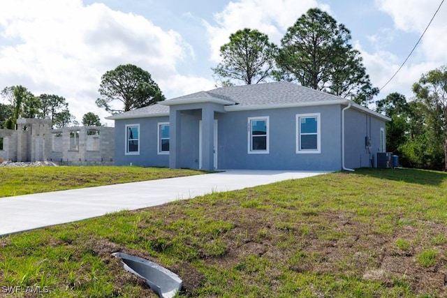 single story home featuring central AC, concrete driveway, a front lawn, stucco siding, and roof with shingles