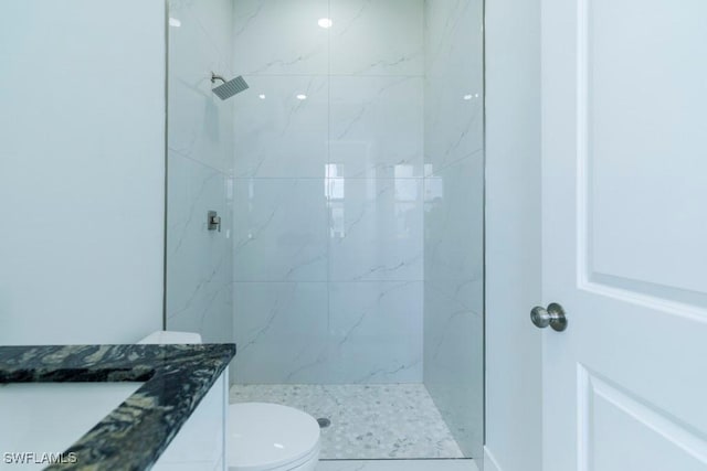 bathroom featuring toilet, vanity, and a marble finish shower