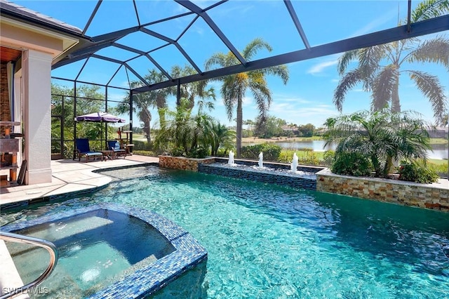 view of pool with a lanai, a patio, a pool with connected hot tub, and a water view