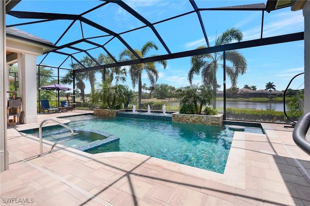 view of pool with a water view, a pool with connected hot tub, a patio, and a lanai