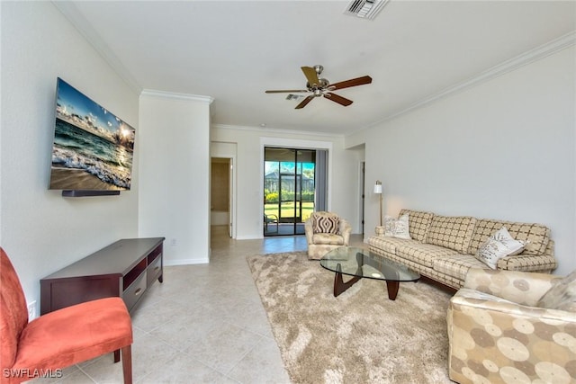 living area featuring light tile patterned flooring, visible vents, crown molding, baseboards, and a ceiling fan