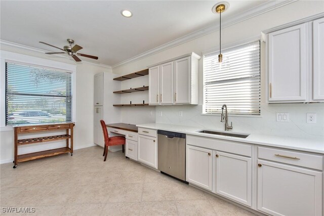 kitchen with crown molding, a sink, a ceiling fan, open shelves, and dishwasher