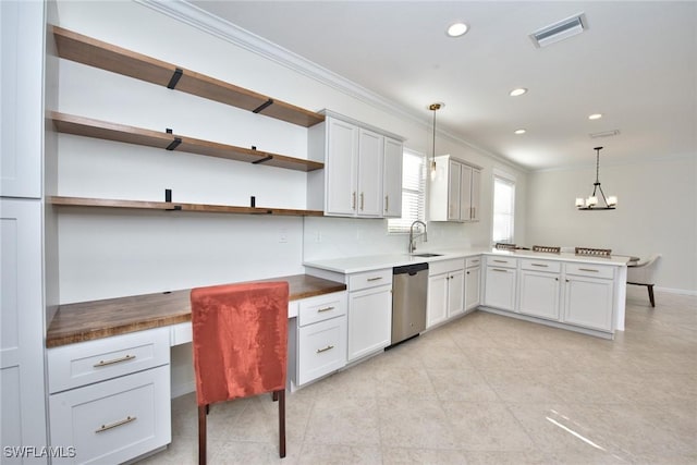 kitchen with a sink, open shelves, stainless steel dishwasher, visible vents, and ornamental molding