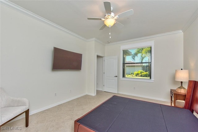 bedroom with baseboards, crown molding, tile patterned flooring, and a ceiling fan