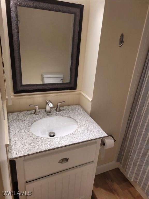 bathroom with vanity, toilet, baseboards, and wood finished floors