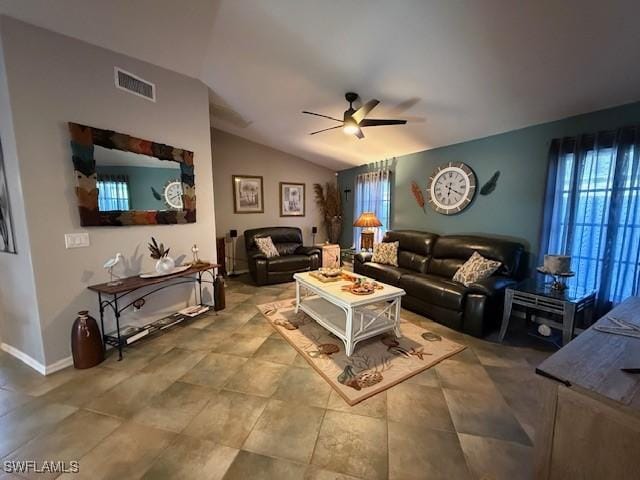 408 SE 19th Ln, Cape Coral, FL 33990 - living area featuring visible vents, baseboards, vaulted ceiling, and ceiling fan