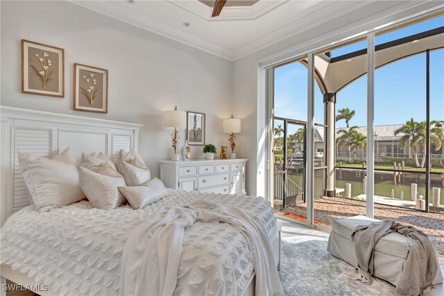 159 Geranium Ct, Marco Island, FL 34145 - bedroom with access to exterior, ornamental molding, multiple windows, and a water view