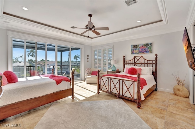 159 Geranium Ct, Marco Island, FL 34145 - bedroom with a tray ceiling, crown molding, access to exterior, multiple windows, and recessed lighting