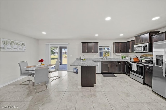 kitchen featuring dark brown cabinets, a healthy amount of sunlight, a sink, and stainless steel appliances