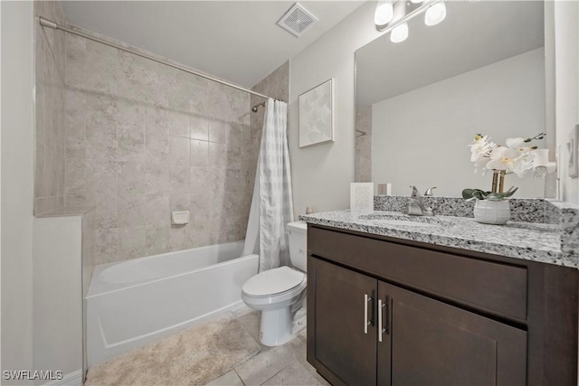 full bath with visible vents, toilet, tile patterned floors, vanity, and shower / bath combination with curtain