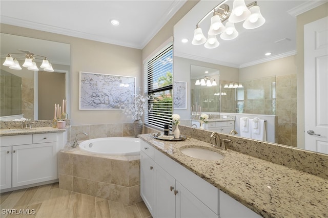 28091 Foxrock Ct, Bonita Springs, FL 34135 - bathroom with crown molding, a garden tub, an inviting chandelier, and a sink