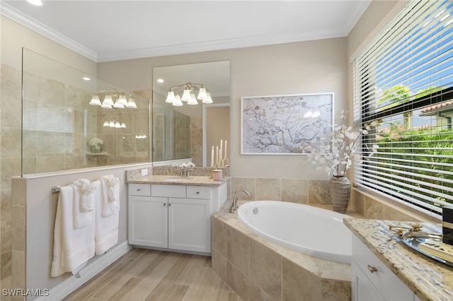 28091 Foxrock Ct, Bonita Springs, FL 34135 - bathroom featuring a bath, walk in shower, ornamental molding, a chandelier, and vanity