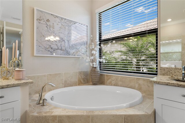 28091 Foxrock Ct, Bonita Springs, FL 34135 - full bathroom with crown molding, vanity, and a garden tub