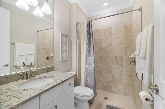 28091 Foxrock Ct, Bonita Springs, FL 34135 - full bathroom with toilet, crown molding, tiled shower, and vanity