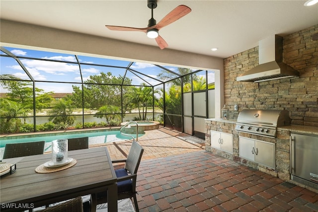 28091 Foxrock Ct, Bonita Springs, FL 34135 - view of patio / terrace featuring area for grilling, ceiling fan, a pool with connected hot tub, grilling area, and a lanai