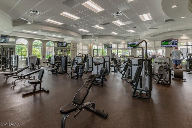 28091 Foxrock Ct, Bonita Springs, FL 34135 - exercise room featuring visible vents, ceiling fan, and a paneled ceiling
