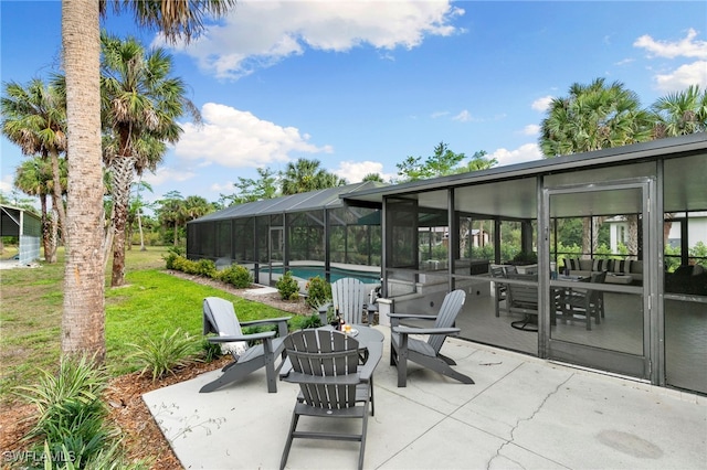 1020 19th St SW, Naples, FL 34117 - view of patio / terrace featuring a fire pit, an outdoor pool, and glass enclosure