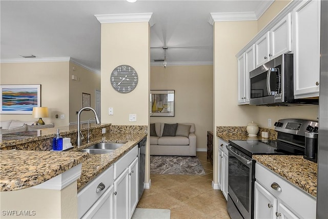9815 Giaveno Ct Unit 1245, Naples, FL 34113 - kitchen featuring appliances with stainless steel finishes, a sink, crown molding, light stone counters, and light tile patterned flooring