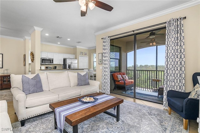 9815 Giaveno Ct Unit 1245, Naples, FL 34113 - living room with a ceiling fan, ornamental molding, recessed lighting, and light tile patterned floors