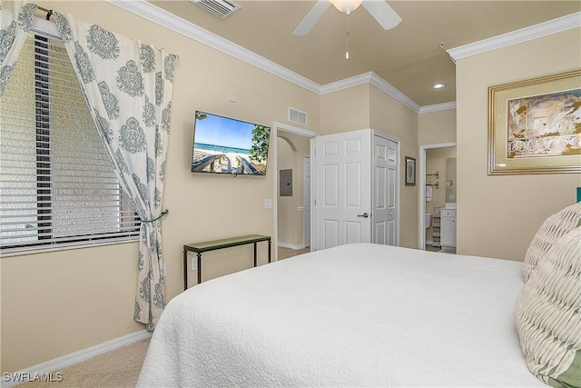 9815 Giaveno Ct Unit 1245, Naples, FL 34113 - bedroom with baseboards, carpet floors, ornamental molding, connected bathroom, and recessed lighting