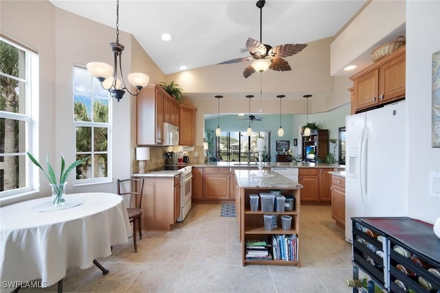 kitchen featuring white appliances, a peninsula, open shelves, ceiling fan, and pendant lighting
