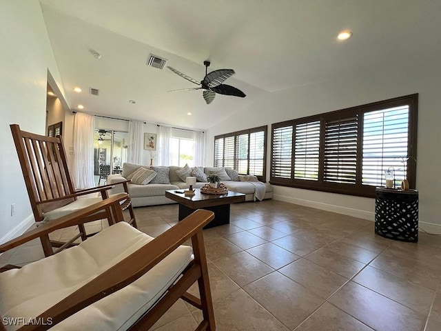 940 SE 20th Ct, Cape Coral, FL 33990 - living room featuring baseboards, visible vents, lofted ceiling, and ceiling fan