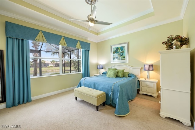 11619 Giulia Dr, Fort Myers, FL 33913 - bedroom with carpet flooring, ornamental molding, baseboards, a raised ceiling, and a ceiling fan