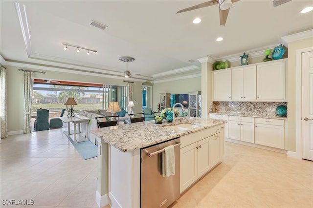 11619 Giulia Dr, Fort Myers, FL 33913 - kitchen with crown molding, a ceiling fan, tasteful backsplash, a sink, and stainless steel dishwasher