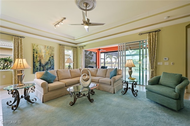 11619 Giulia Dr, Fort Myers, FL 33913 - living area featuring carpet floors, a tray ceiling, crown molding, and ceiling fan