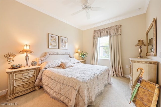11619 Giulia Dr, Fort Myers, FL 33913 - bedroom featuring baseboards, ornamental molding, ceiling fan, and light carpet