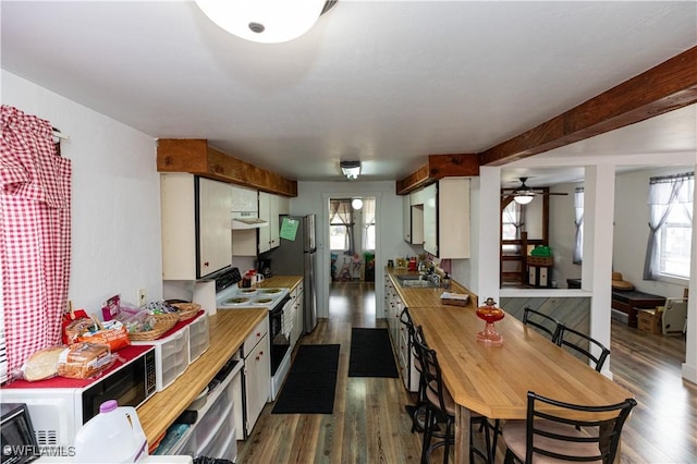 17841 Palm Creek Dr, North Fort Myers, FL 33917 - kitchen featuring under cabinet range hood, a healthy amount of sunlight, white range with electric cooktop, and dark wood-style flooring
