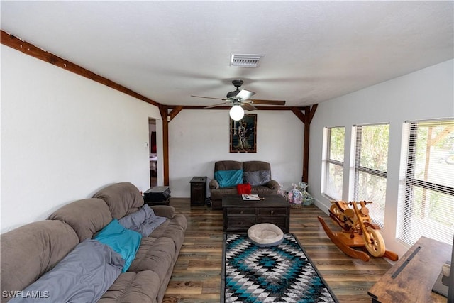 17841 Palm Creek Dr, North Fort Myers, FL 33917 - living room featuring ceiling fan, wood finished floors, and visible vents