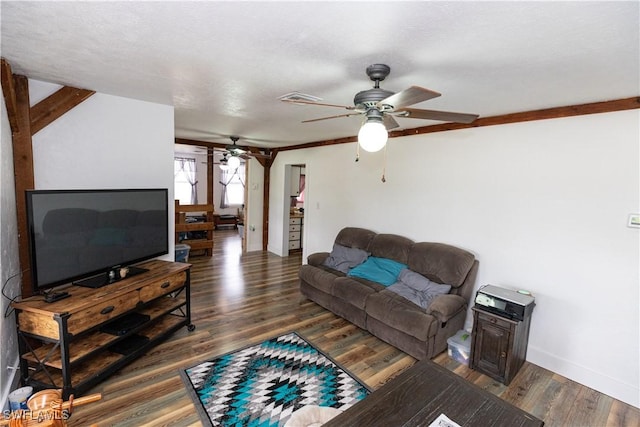 17841 Palm Creek Dr, North Fort Myers, FL 33917 - living room with ceiling fan, baseboards, wood finished floors, and visible vents