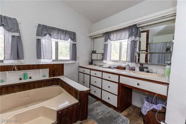 17841 Palm Creek Dr, North Fort Myers, FL 33917 - bathroom with a bath, vaulted ceiling, wood finished floors, and a sink