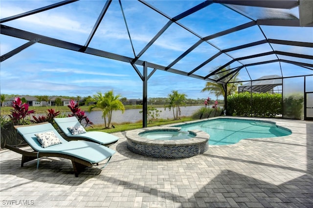11607 Periwinkle Dr, Naples, FL 34120 - view of swimming pool featuring a pool with connected hot tub, a patio area, a water view, and a lanai