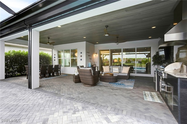 11607 Periwinkle Dr, Naples, FL 34120 - view of patio / terrace featuring a ceiling fan, area for grilling, an outdoor living space, and outdoor dining area