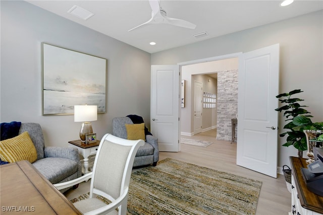 11607 Periwinkle Dr, Naples, FL 34120 - home office with light wood-style floors, visible vents, a ceiling fan, and recessed lighting