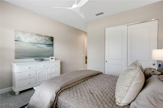 11607 Periwinkle Dr, Naples, FL 34120 - bedroom featuring a closet, visible vents, carpet flooring, a ceiling fan, and baseboards