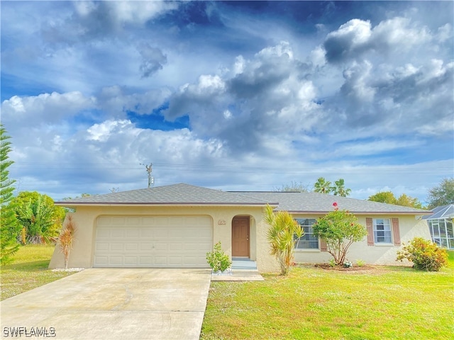 ranch-style home with stucco siding, concrete driveway, and a garage
