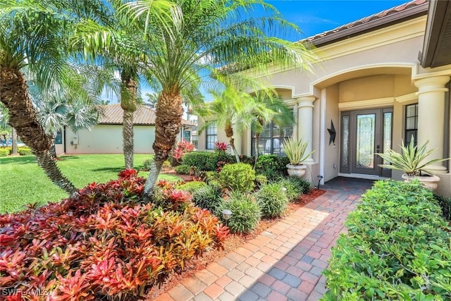 view of exterior entry with a yard, stucco siding, and a tile roof