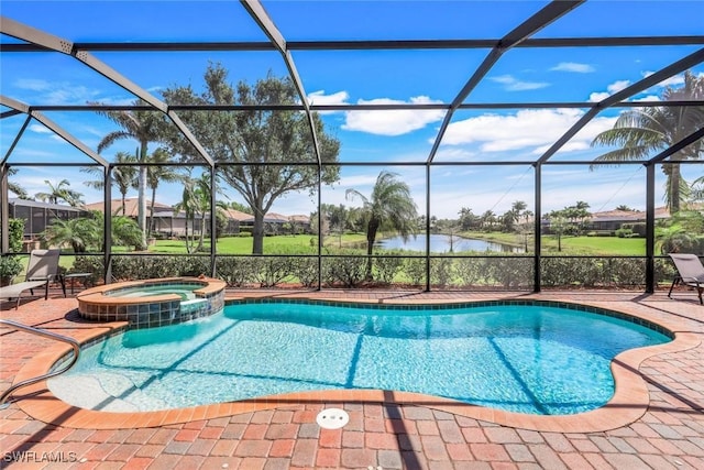 view of pool featuring a water view, a patio area, a pool with connected hot tub, and a lanai