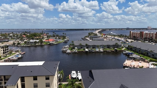 drone / aerial view featuring a water view