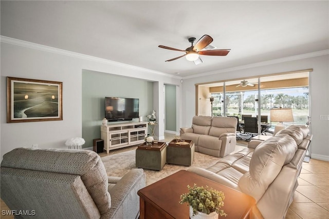 8629 Julia Ln, Naples, FL 34114 - living area featuring ornamental molding, baseboards, a ceiling fan, and light tile patterned floors